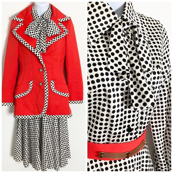 Vintage 70s Lilli Ann 3-Piece Suit Jacket Blazer Skirt Mod‎ Polka Dot // Size XS - Picture 1 of 10